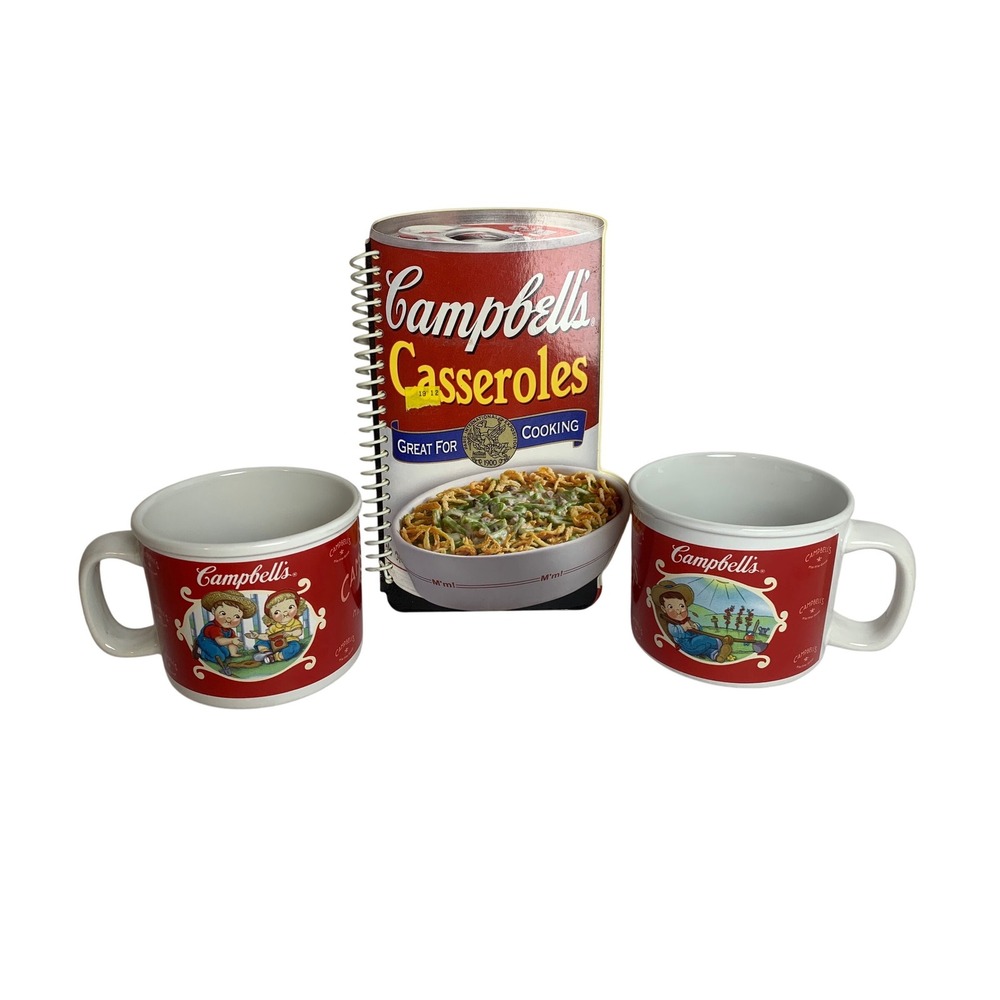 Campbells Soup Set 2 Houston Harvest Mugs 2002 & Casseroles Recipe Book 2008